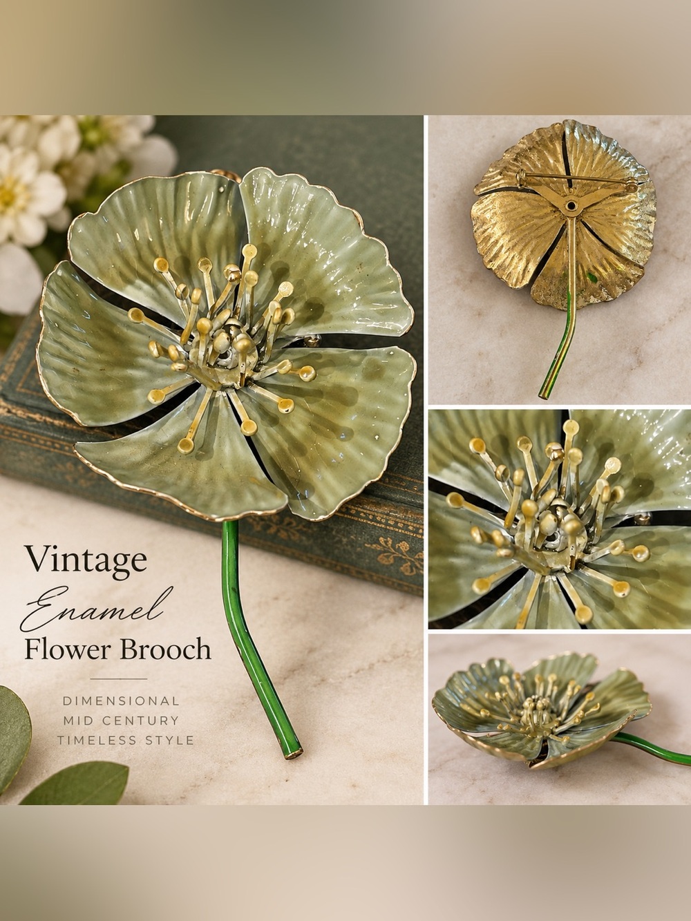 Vintage Green Enamel Flower Brooch - Decorative Stem Pin